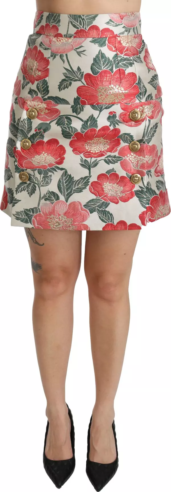 White Green Red Floral High Waist Mini Skirt