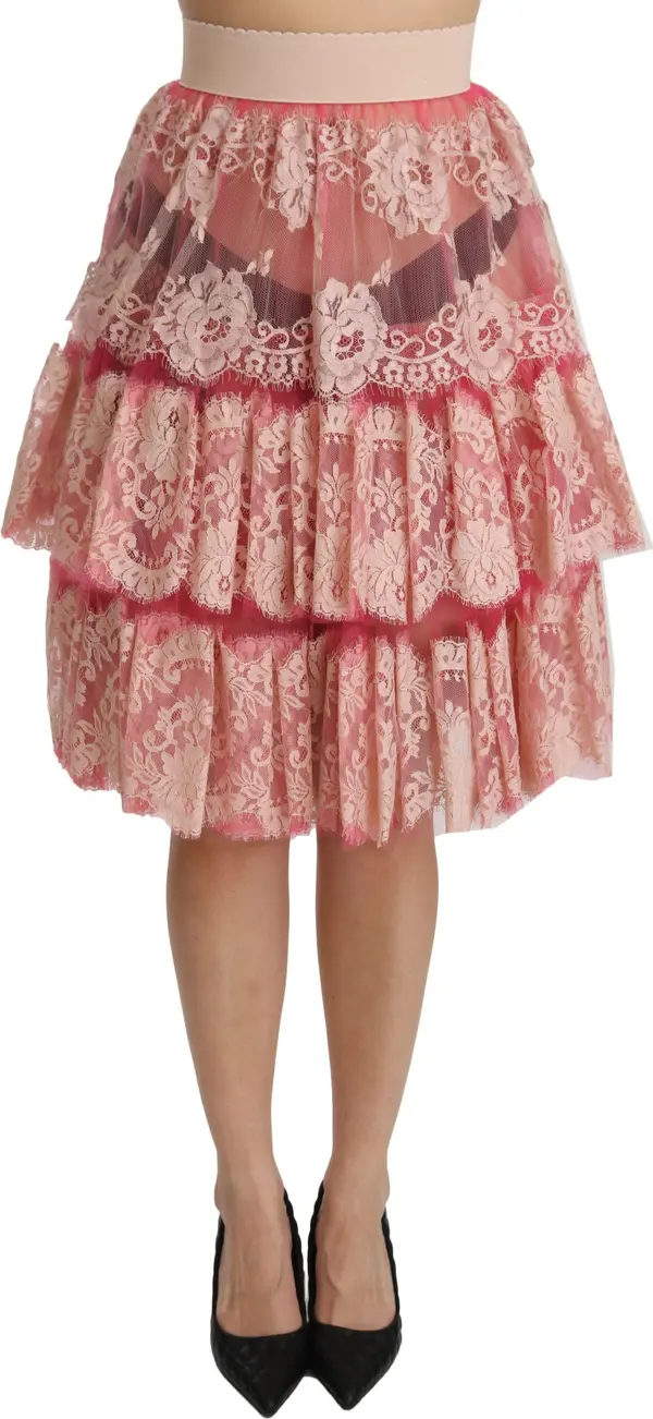 Pink Lace Layered High Waist Knee Length Skirt