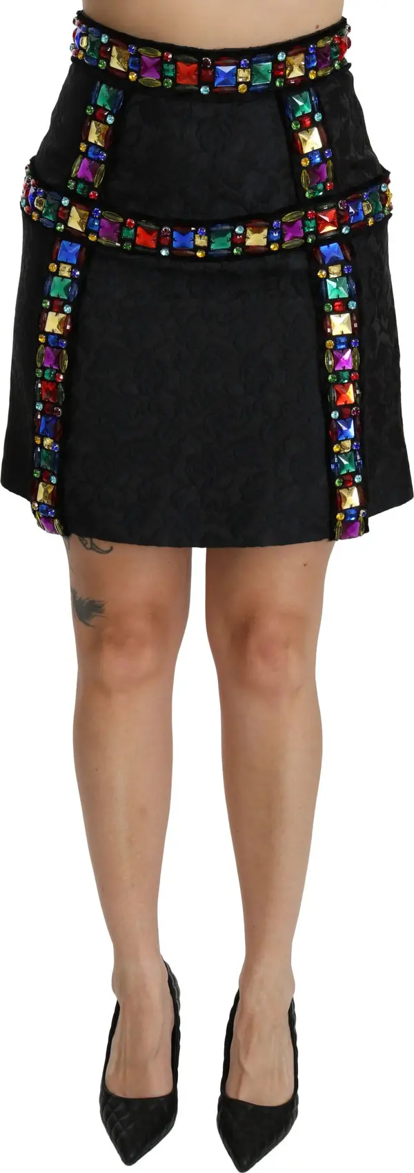 Black Crystal Embellished High Waist Skirt