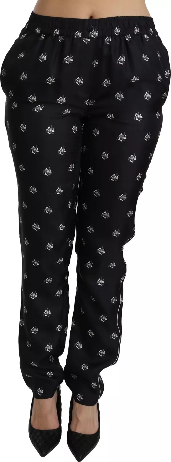 Black Printed Mid Waist Skinny Silk Pants
