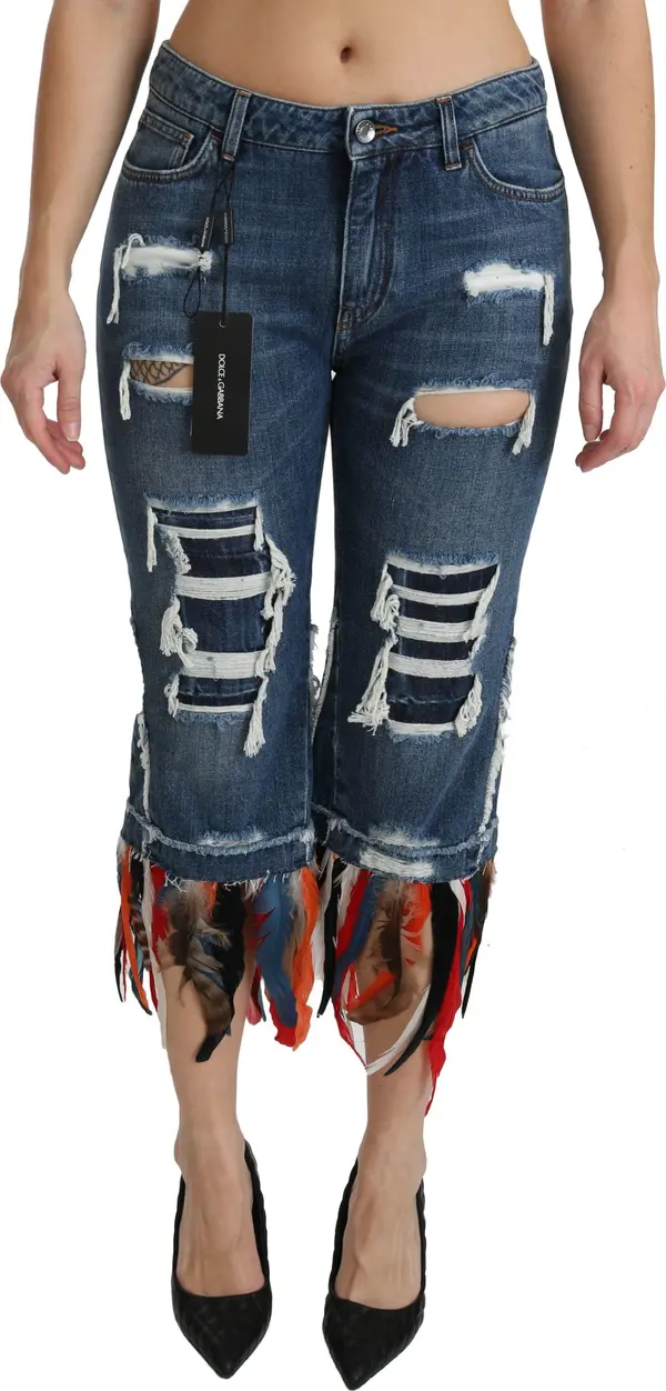 Blue Feathers Low Waist Cropped Cotton Jeans