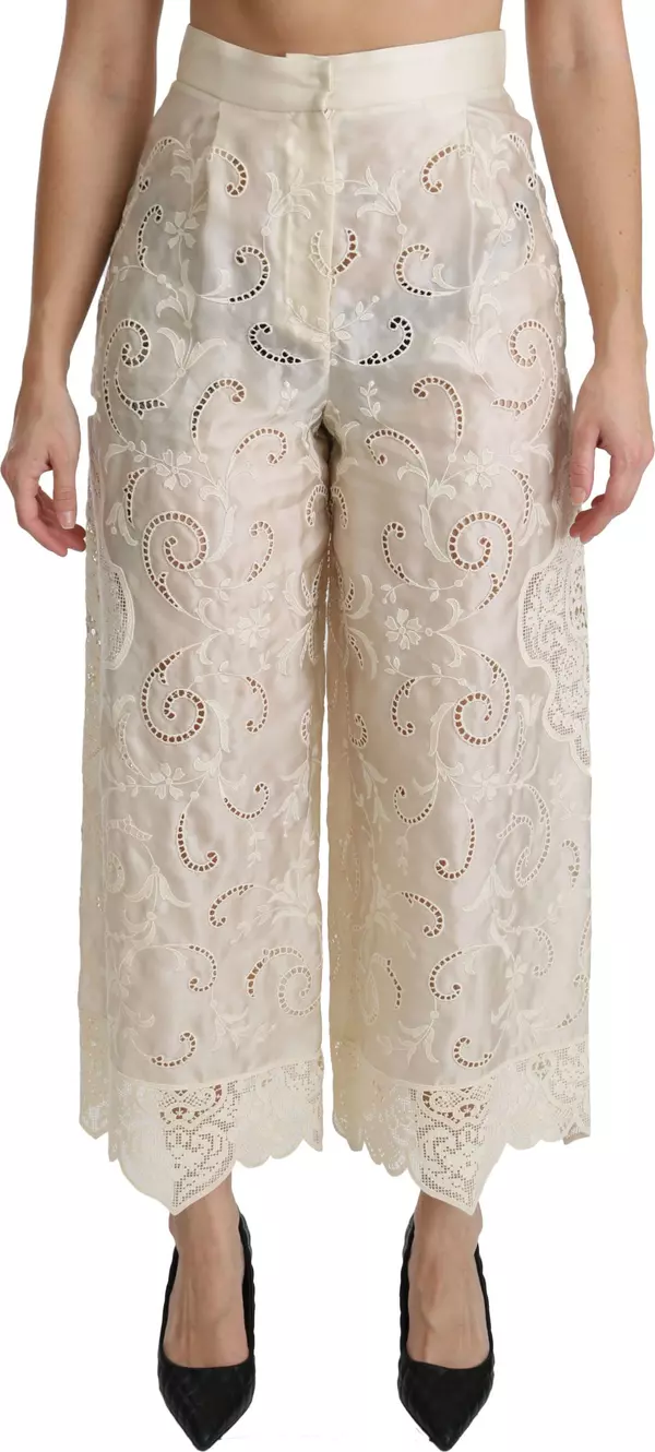 Cream Lace High Waist Palazzo Cropped Pants