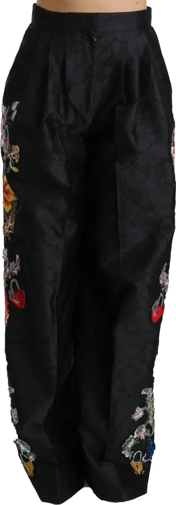 Black Brocade Floral Sequined Beaded Pants