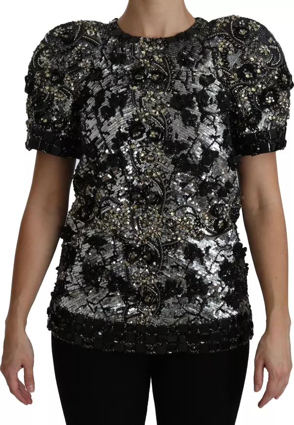 Black Sequined Crystal Embellished Top Blouse