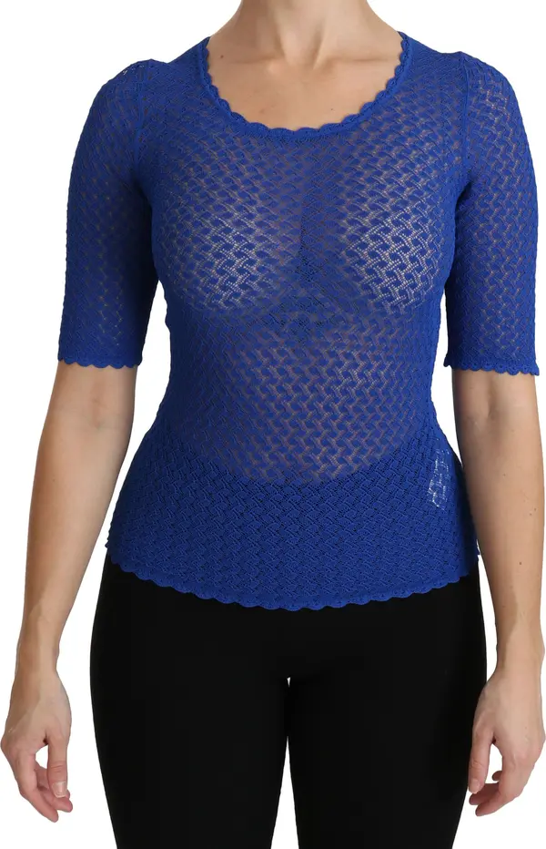 Blue See Through Round Neck Top Viscose Blouse