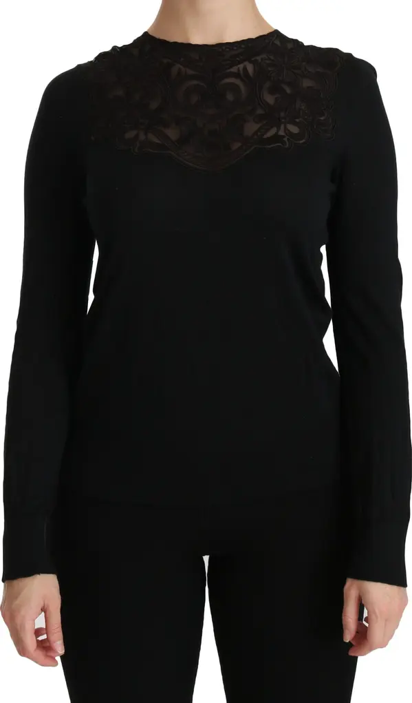 Black Silk Lace Crew Neck Long Sleeve Blouse