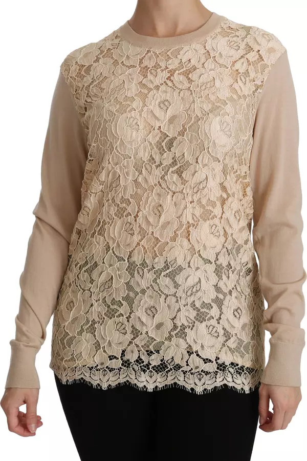 Beige Lace Long Sleeve Top Cashmere Blouse