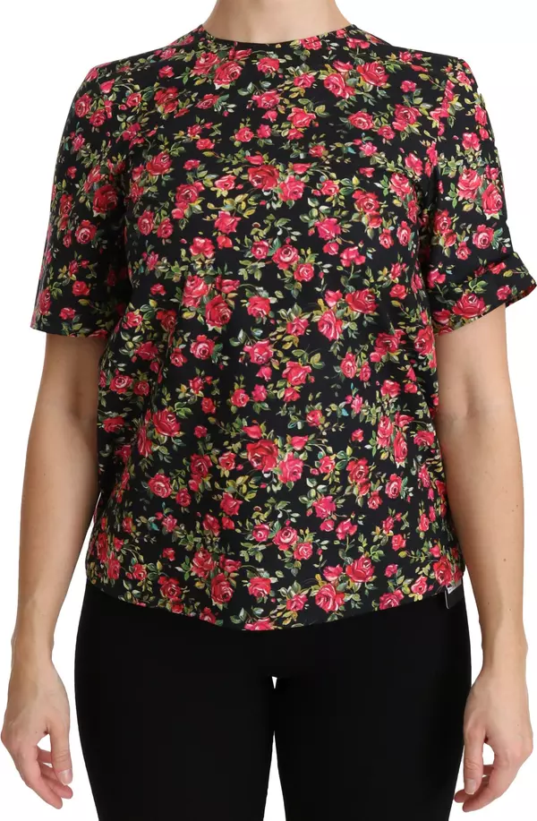 Black Floral Roses Short Sleeve Top Blouse