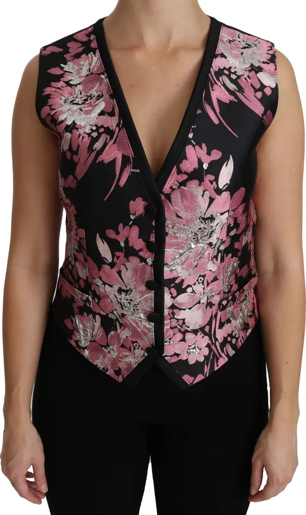 Black Pink Floral Waistcoat Vest Blouse Top