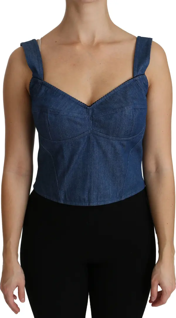 Blue Sleeveless Bustier Blouse Cotton Top