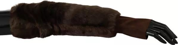 Brown Elbow Length Finger Less Fur Gloves