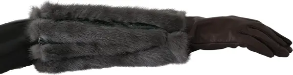 Brown Mid Arm Length Leather Fur Gloves