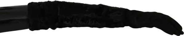 Black Elbow Length Mitten Suede Fur Gloves