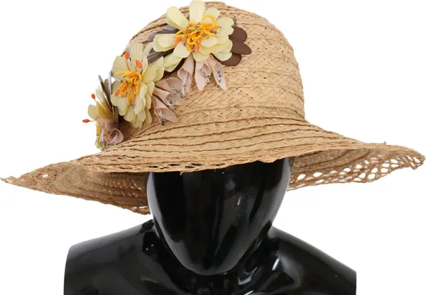 Beige Wide Brim Floral Bucket Capello Hat