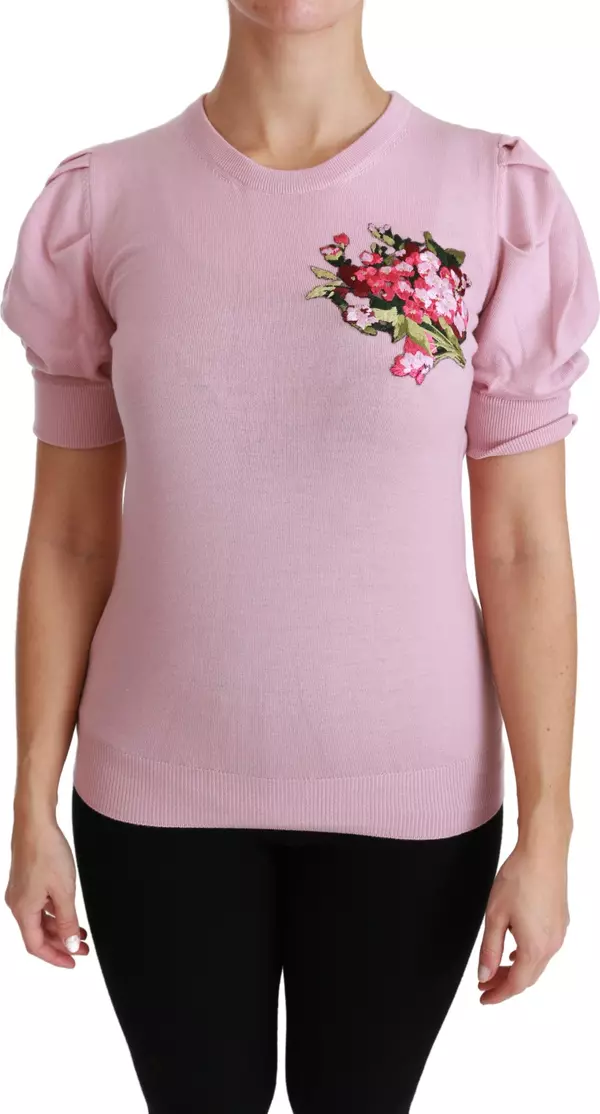 Pink Floral Embroidered Blouse Wool Top