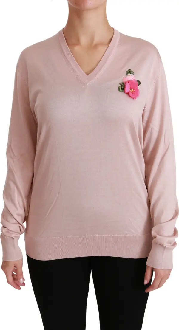 Pink Floral Embellished Pullover Silk Sweater