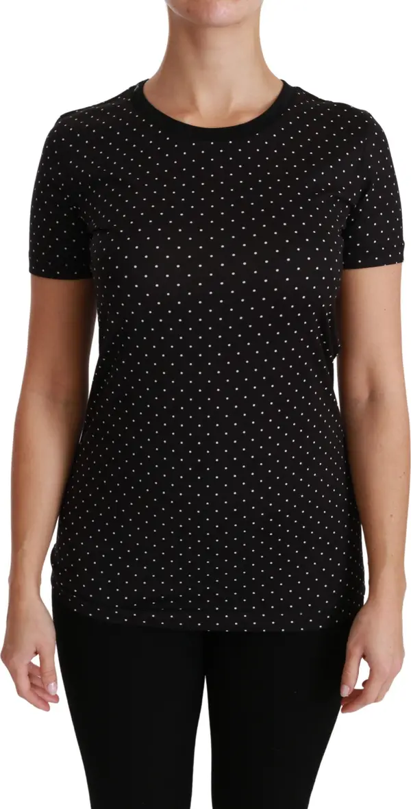 Black Dotted Crewneck Cotton Top T-shirt