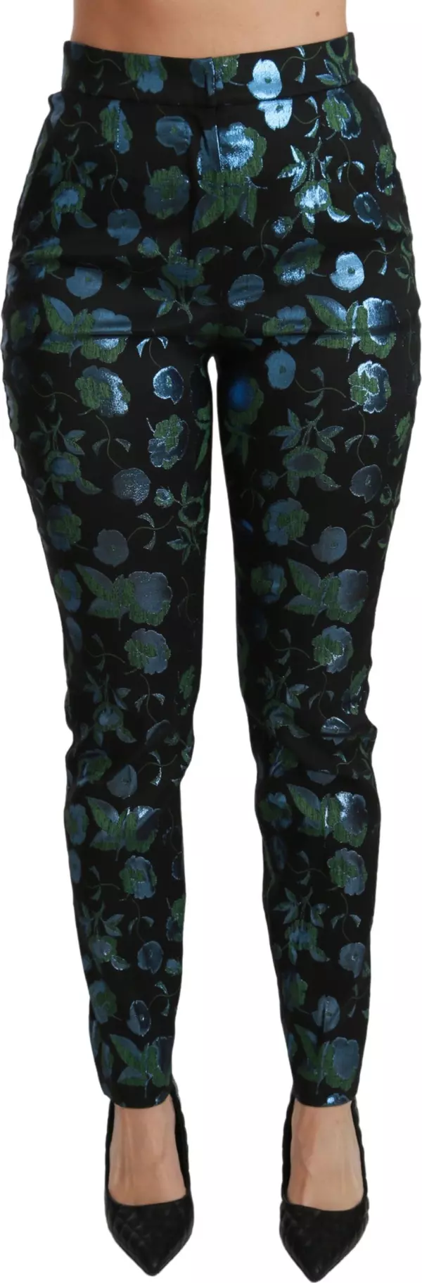 Blue Green Floral Metallic Slim Pants