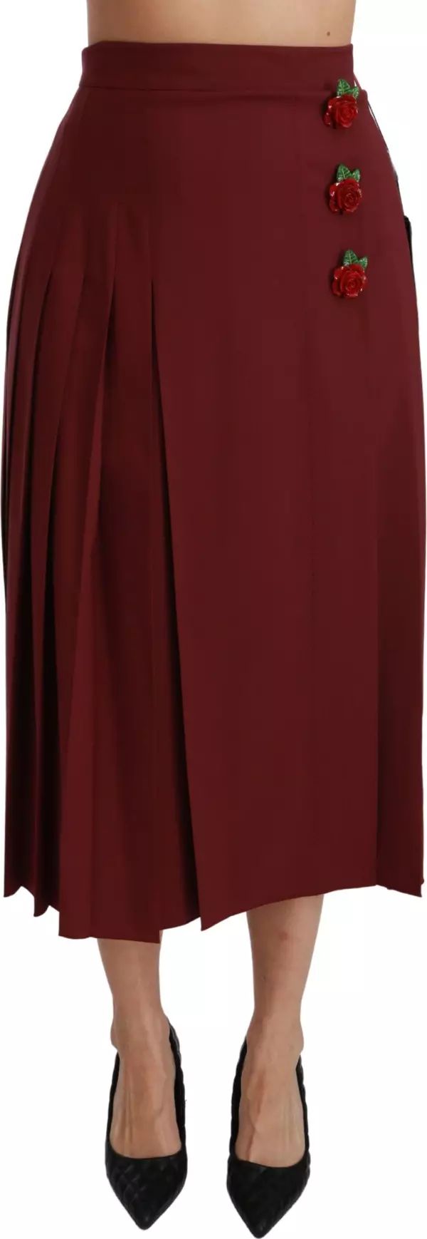 Red High Waist Pleated Maxi Wool Skirt