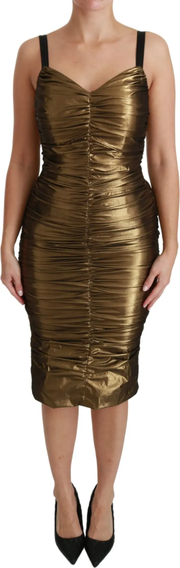 Gold Metallic Stretch Bodycon Ruched Dress