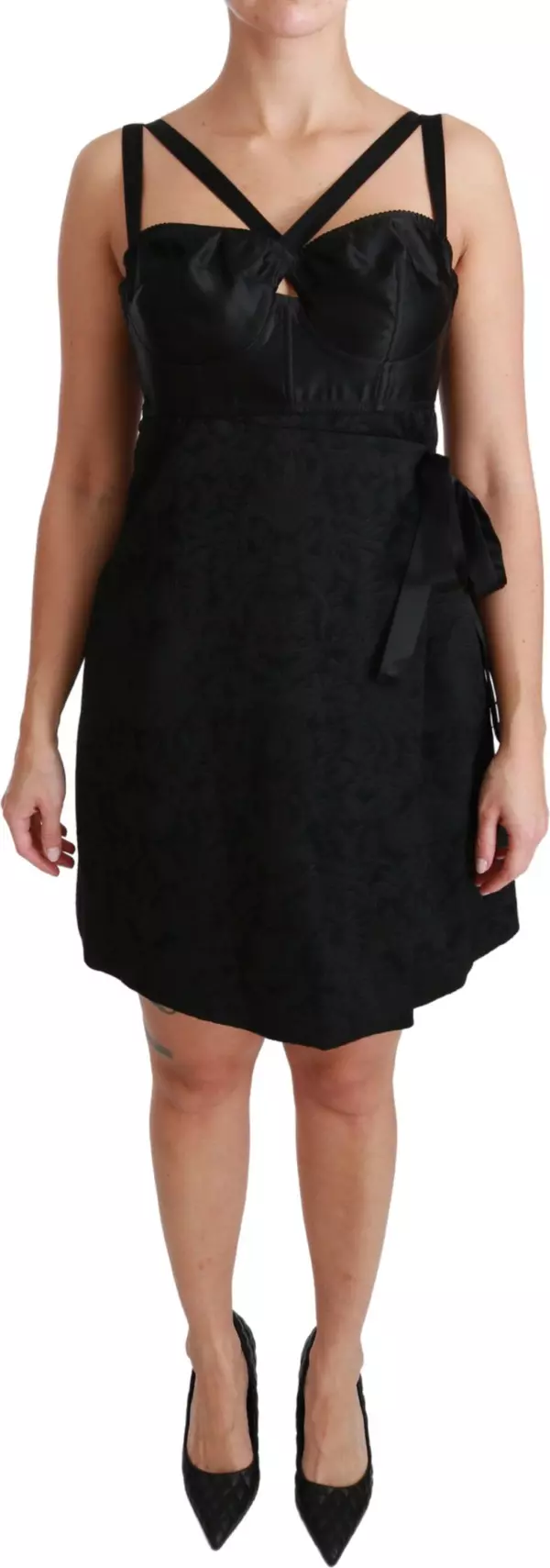 Black Stretch Satin Jacquard Mini Dress