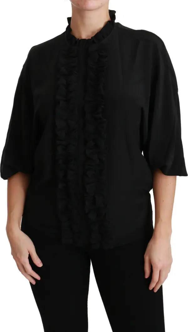 Black Silk Shirt Ruffled Top Blouse