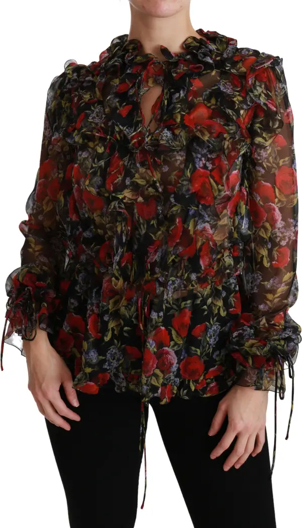 Black Floral Roses Blouse Silk Top
