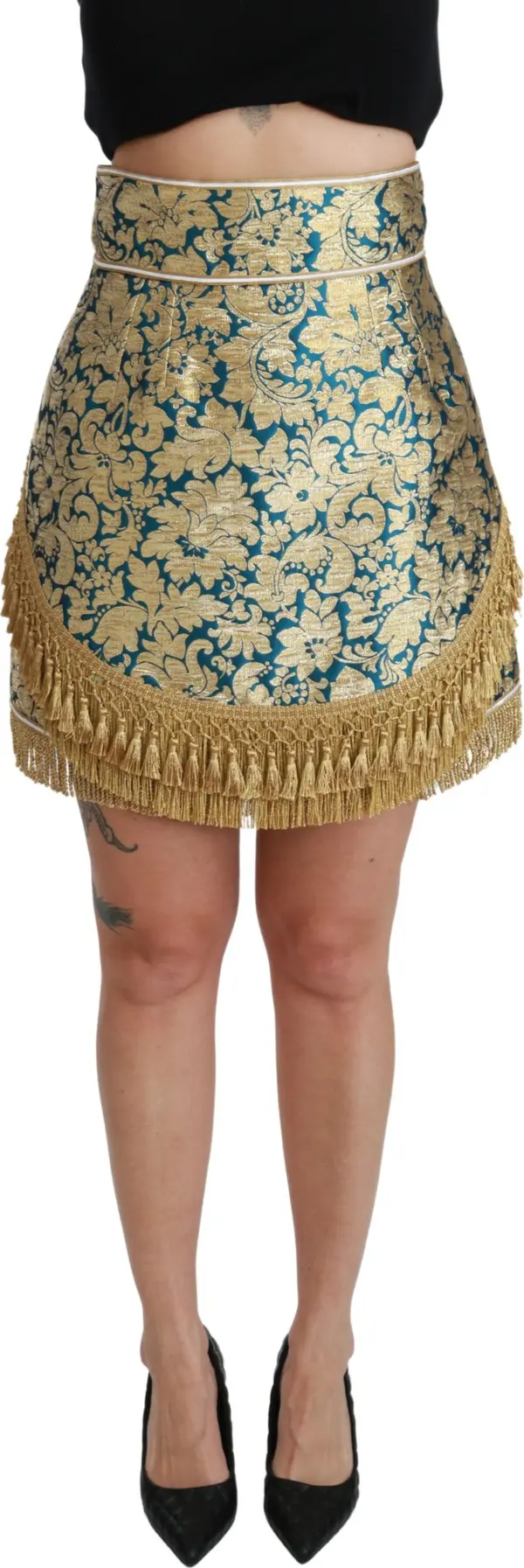 Blue High Waist Jacquard Tassel Gold Skirt
