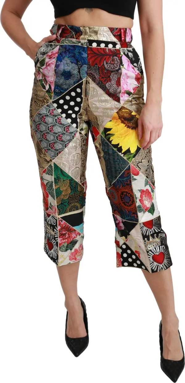 Silk Multicolor Print High Waist Cropped Pants