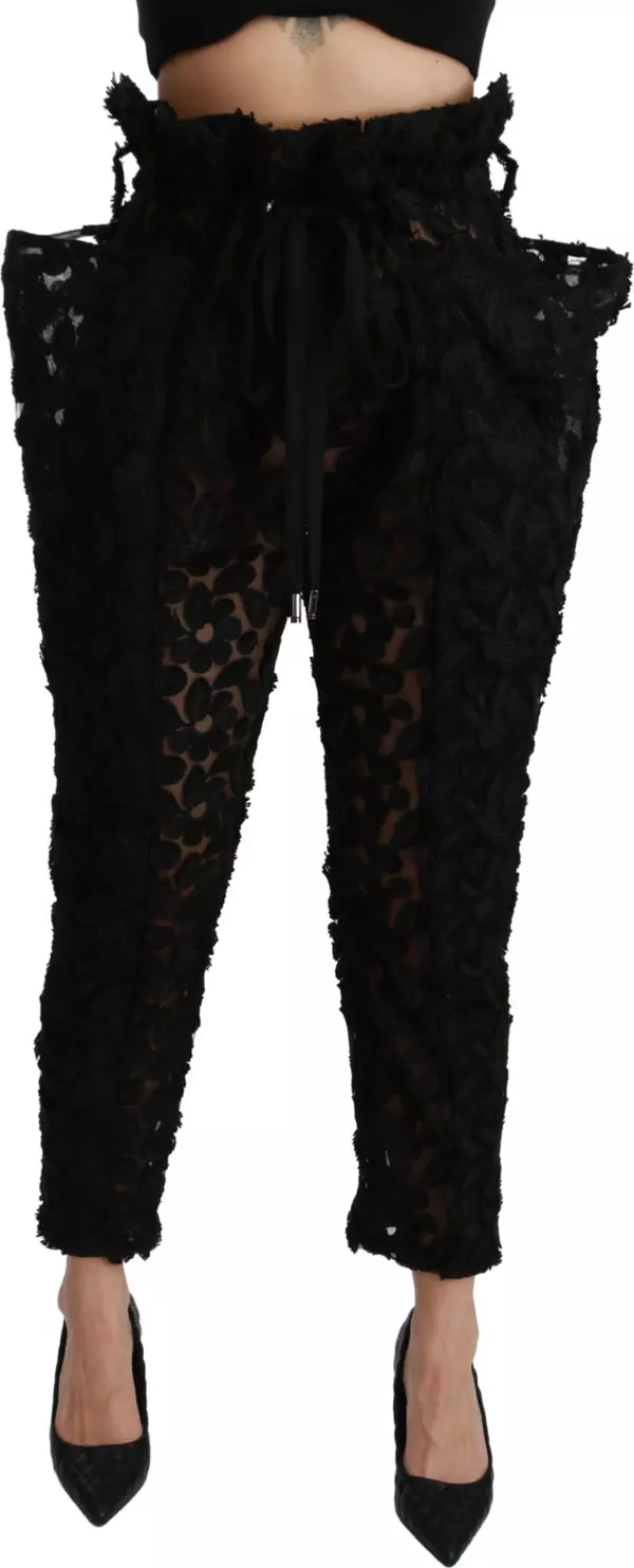 Black Floral Lace Tapered High Waist Pants
