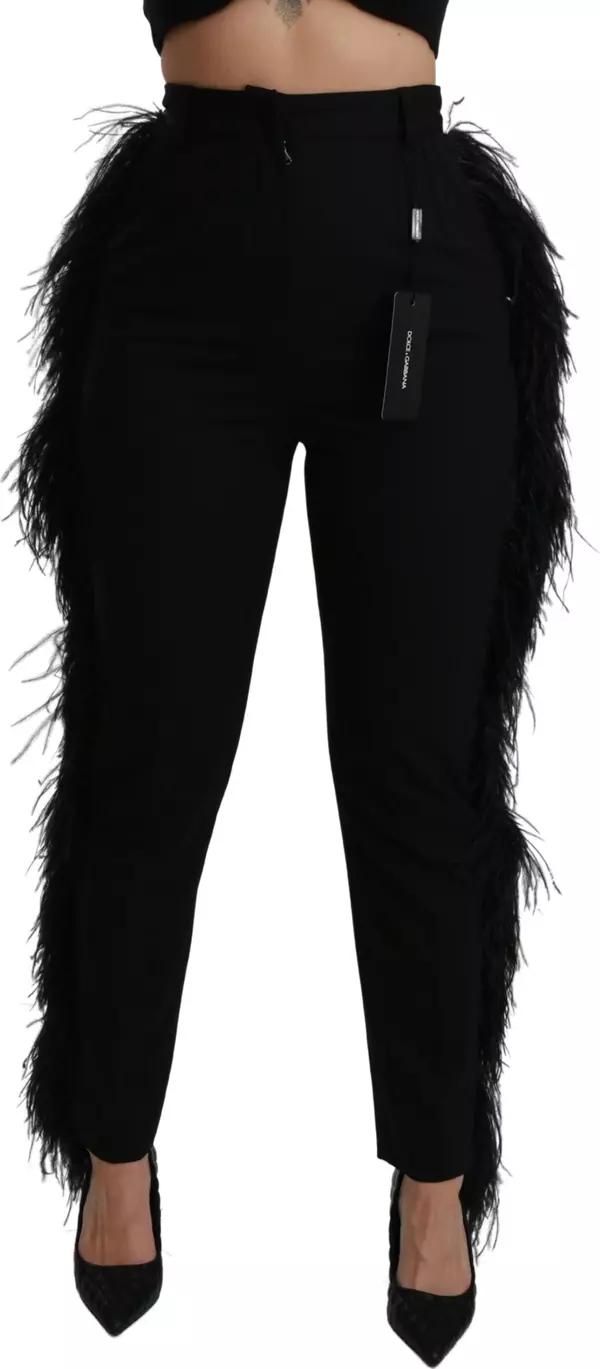 Black Feather Straight High Waist Wool Pants