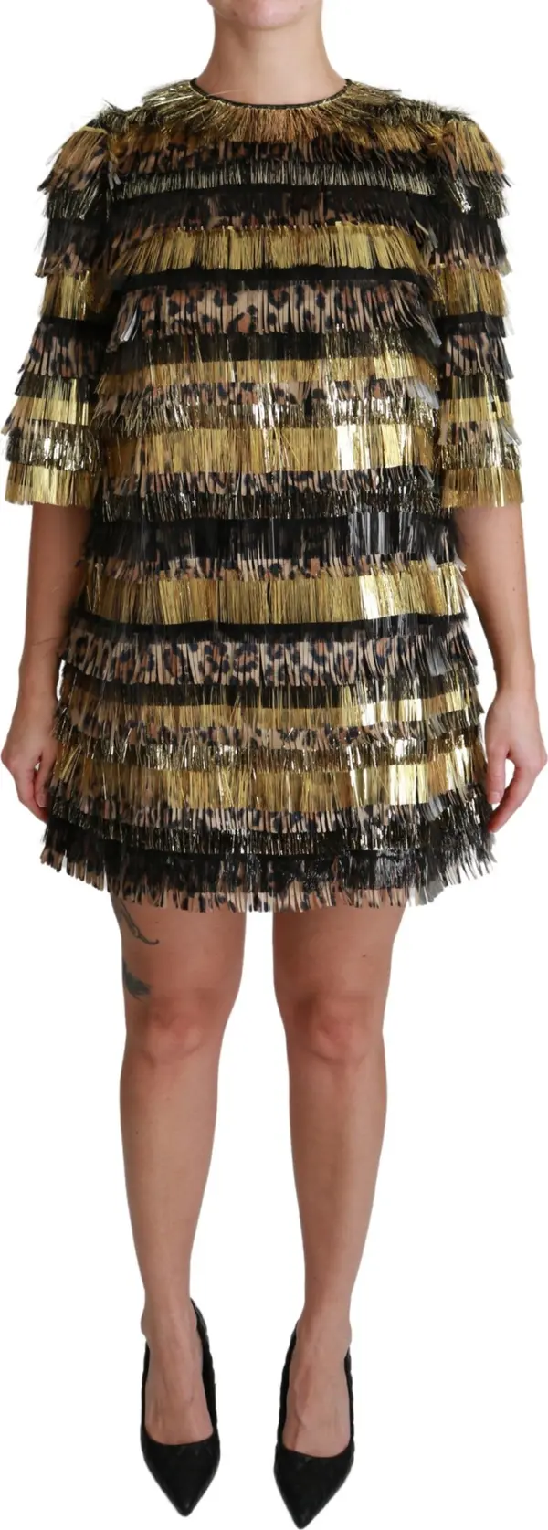 Polyester Black Gold Leopard Shift Mini Dress