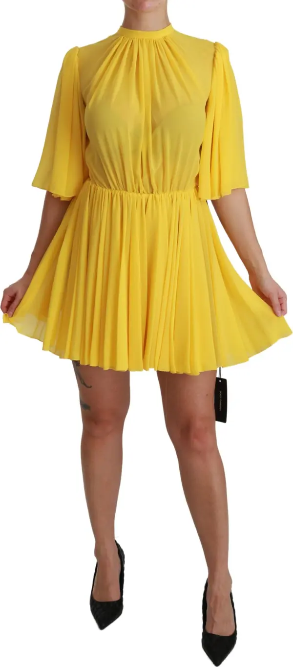Yellow Pleated A-line Mini 100% Silk Dress