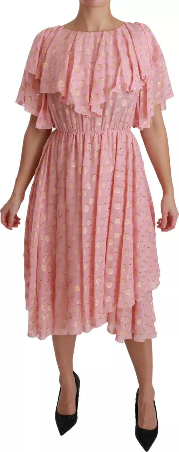 Silk Pink Polka Dots Pleated A-line Midi Dress