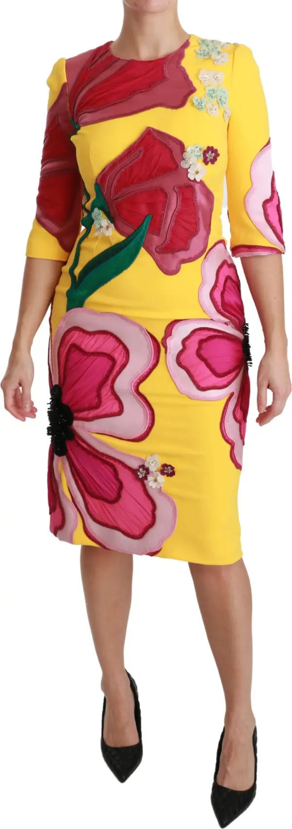 Yellow Floral Crystal Bodycon Sheath Dress