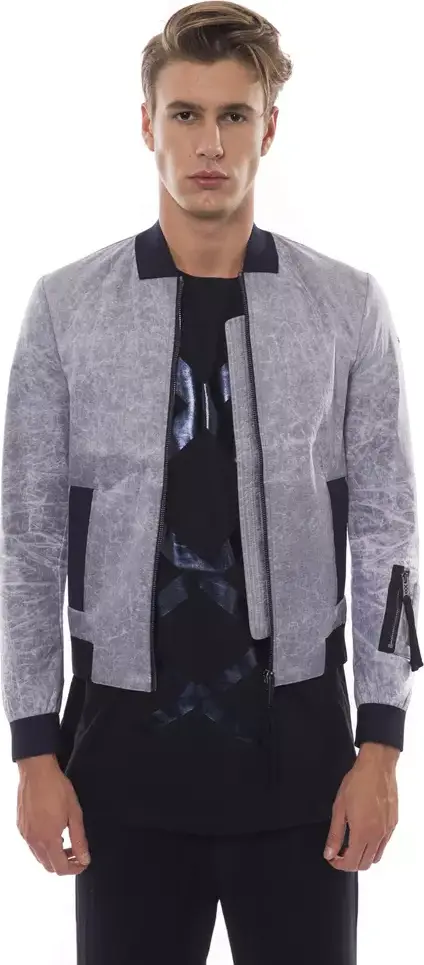 Gray Polyester Men Bomber Jacket