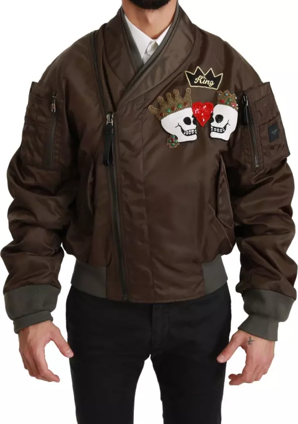 Brown Beaded Crown Skull Logo Jacket