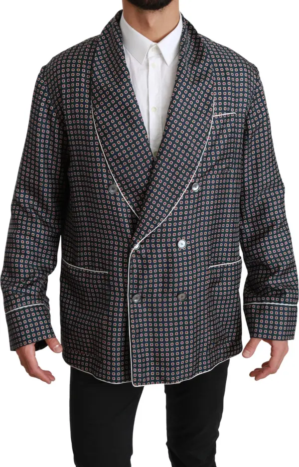 Navy Blue Patterned Double Breasted Coat Jacket