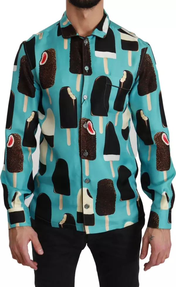 Blue Silk Ice Cream Print Casual Shirt
