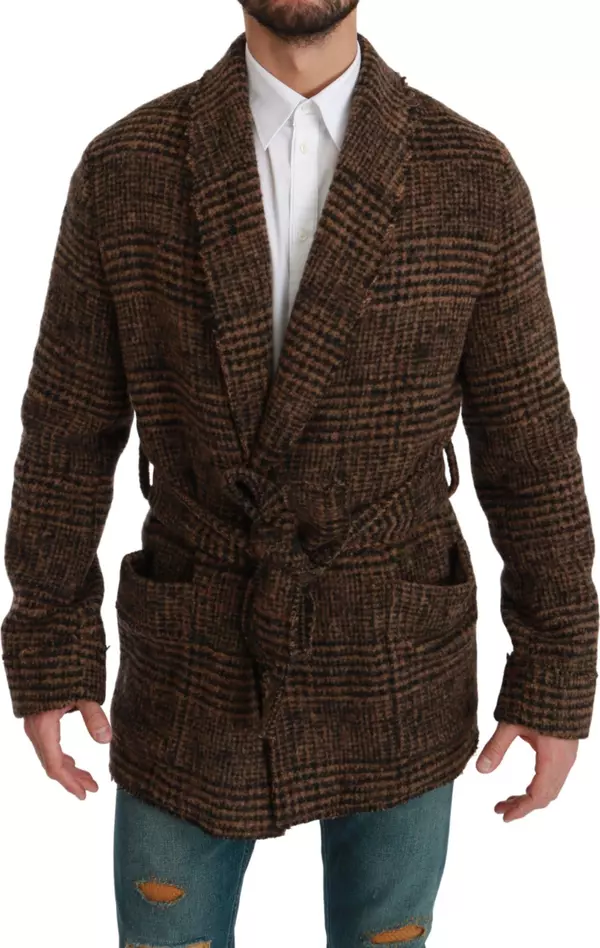 Brown Checkered Wool Robe Coat  Wrap Jacket
