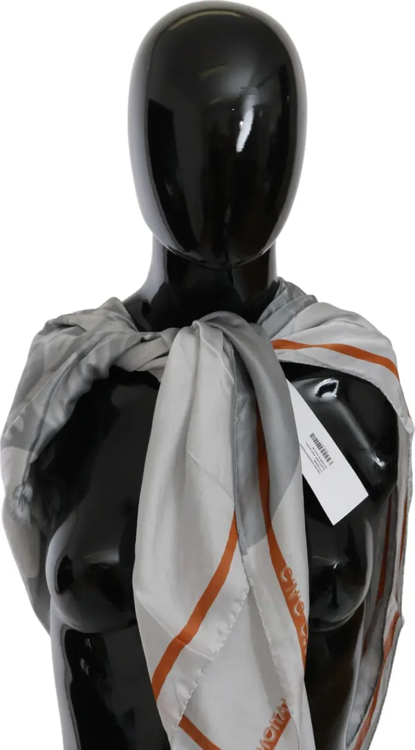 Gray Orange Silk Floral Foulard Wrap Scarf