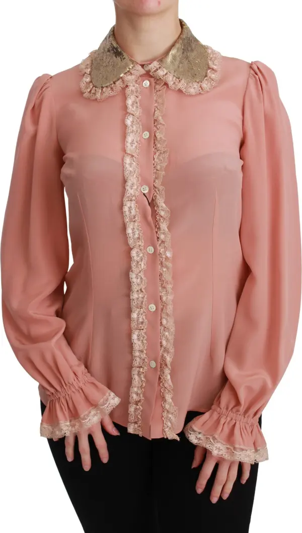 Pink Silk Gold Sequin Lace Blouse Shirt