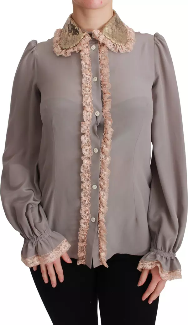 Gray Silk Gold Sequin Lace Blouse Shirt