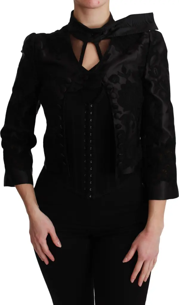 Black Floral Jacquard Blazer Silk Jacket