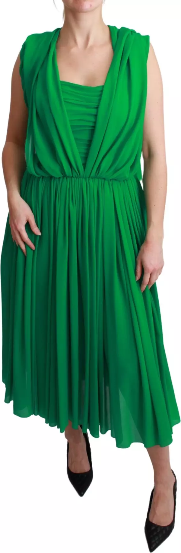 100% Silk Green Sleeveless Pleated Maxi Dress