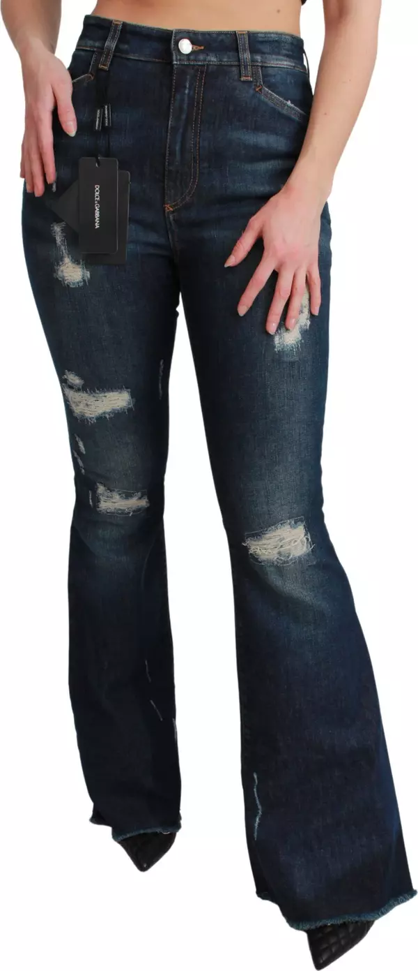 Blue Denim Cotton Stretch Flared Jeans