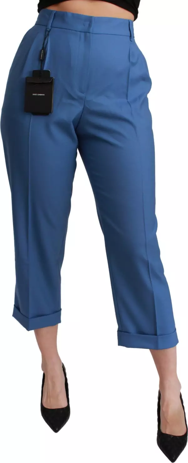 Blue Pleated Wool Cuffed Cropped Trouser Pants