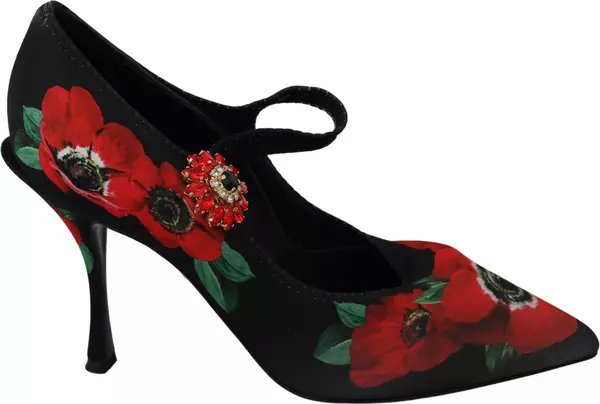 Black Red Floral Mary Janes Pumps Shoes