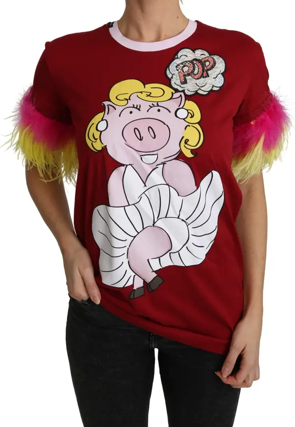 Red Pig Print Feather Sleeves T-shirt Top