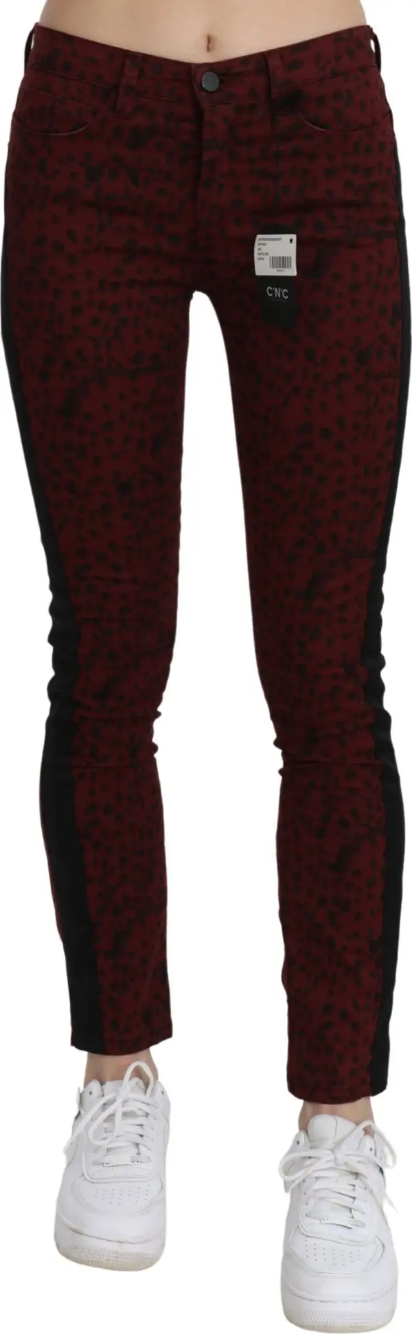 Dark Red Mid Waist Slim Fit Cotton Jeans